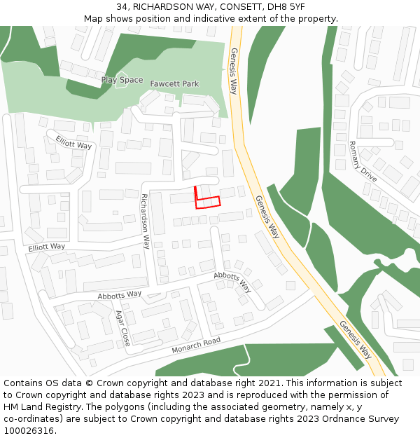 34, RICHARDSON WAY, CONSETT, DH8 5YF: Location map and indicative extent of plot