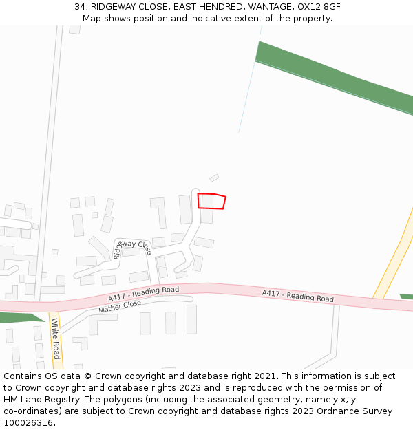 34, RIDGEWAY CLOSE, EAST HENDRED, WANTAGE, OX12 8GF: Location map and indicative extent of plot