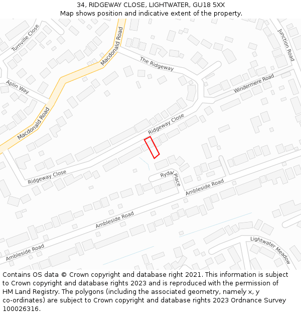 34, RIDGEWAY CLOSE, LIGHTWATER, GU18 5XX: Location map and indicative extent of plot