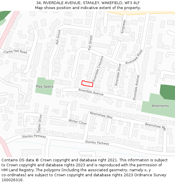 34, RIVERDALE AVENUE, STANLEY, WAKEFIELD, WF3 4LF: Location map and indicative extent of plot