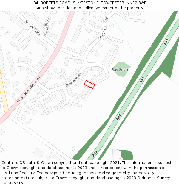 34, ROBERTS ROAD, SILVERSTONE, TOWCESTER, NN12 8WF: Location map and indicative extent of plot