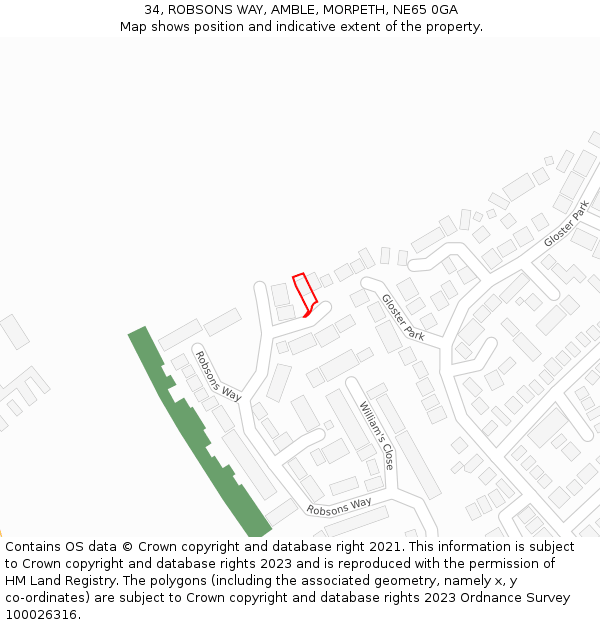 34, ROBSONS WAY, AMBLE, MORPETH, NE65 0GA: Location map and indicative extent of plot