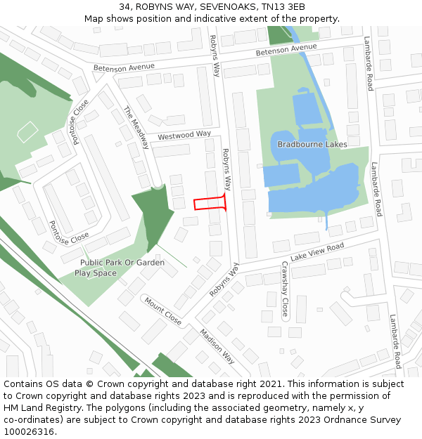 34, ROBYNS WAY, SEVENOAKS, TN13 3EB: Location map and indicative extent of plot