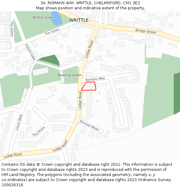 34, ROMANS WAY, WRITTLE, CHELMSFORD, CM1 3EZ: Location map and indicative extent of plot