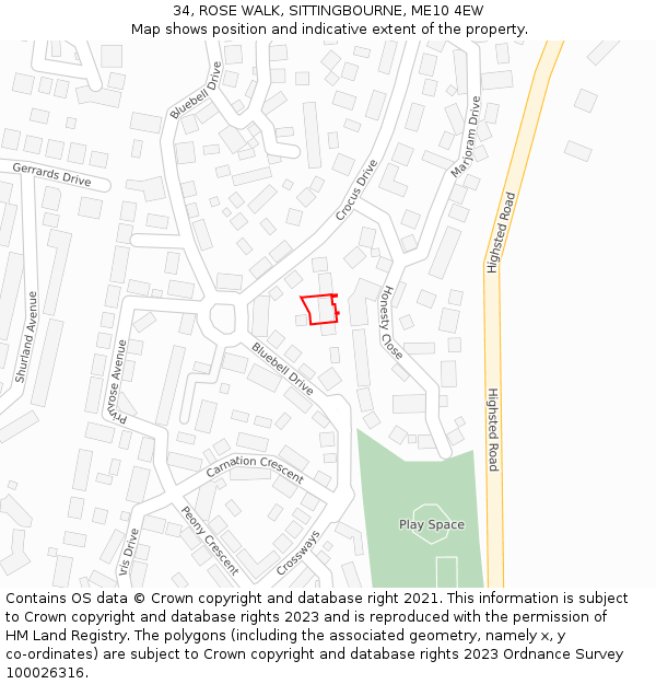 34, ROSE WALK, SITTINGBOURNE, ME10 4EW: Location map and indicative extent of plot