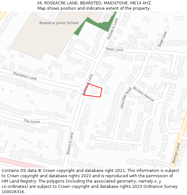 34, ROSEACRE LANE, BEARSTED, MAIDSTONE, ME14 4HZ: Location map and indicative extent of plot