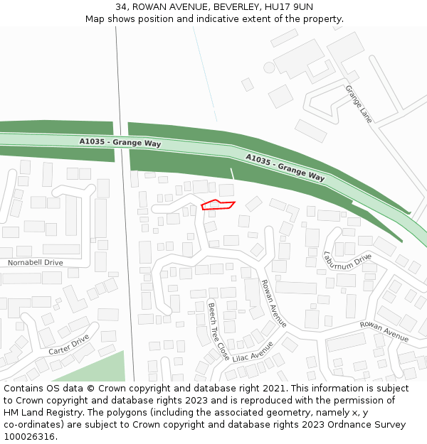 34, ROWAN AVENUE, BEVERLEY, HU17 9UN: Location map and indicative extent of plot