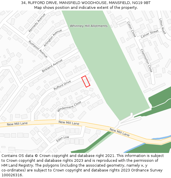 34, RUFFORD DRIVE, MANSFIELD WOODHOUSE, MANSFIELD, NG19 9BT: Location map and indicative extent of plot