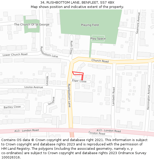 34, RUSHBOTTOM LANE, BENFLEET, SS7 4BX: Location map and indicative extent of plot