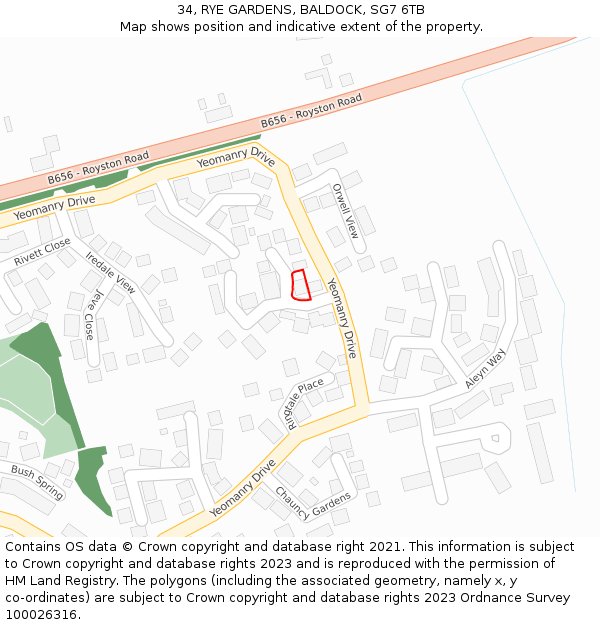 34, RYE GARDENS, BALDOCK, SG7 6TB: Location map and indicative extent of plot