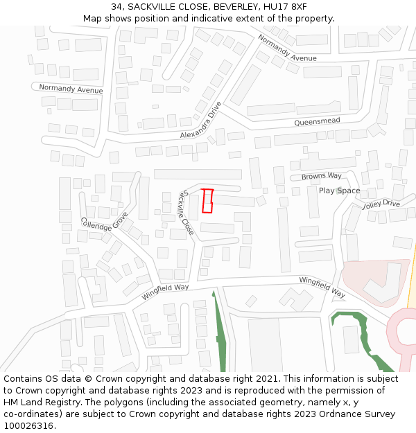 34, SACKVILLE CLOSE, BEVERLEY, HU17 8XF: Location map and indicative extent of plot