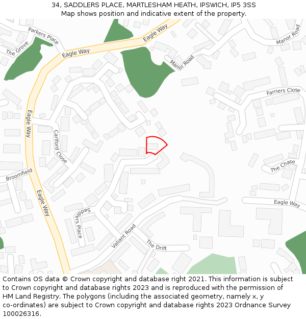 34, SADDLERS PLACE, MARTLESHAM HEATH, IPSWICH, IP5 3SS: Location map and indicative extent of plot