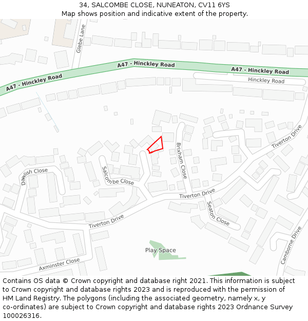 34, SALCOMBE CLOSE, NUNEATON, CV11 6YS: Location map and indicative extent of plot