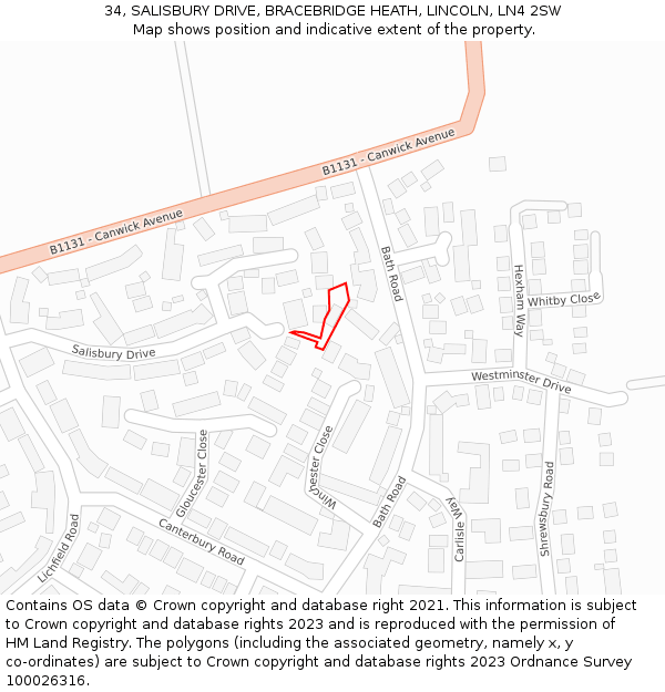 34, SALISBURY DRIVE, BRACEBRIDGE HEATH, LINCOLN, LN4 2SW: Location map and indicative extent of plot