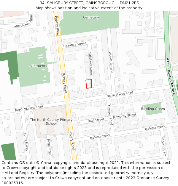 34, SALISBURY STREET, GAINSBOROUGH, DN21 2RS: Location map and indicative extent of plot