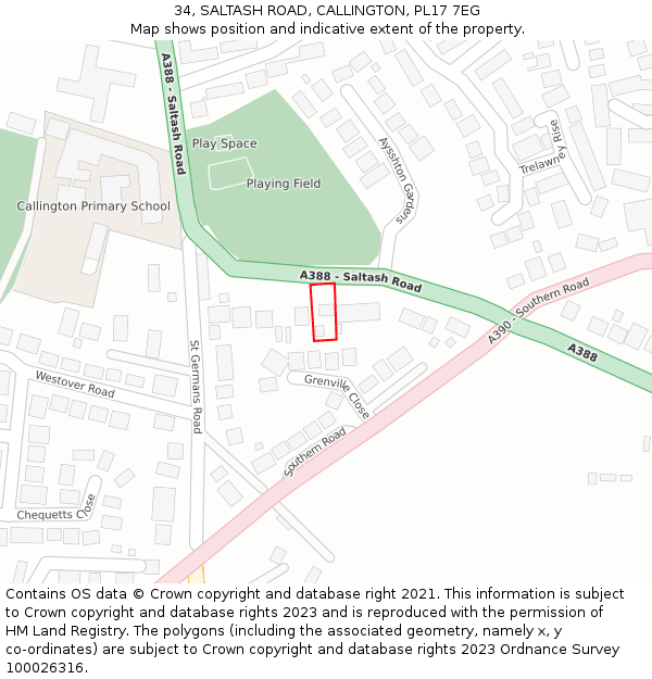 34, SALTASH ROAD, CALLINGTON, PL17 7EG: Location map and indicative extent of plot