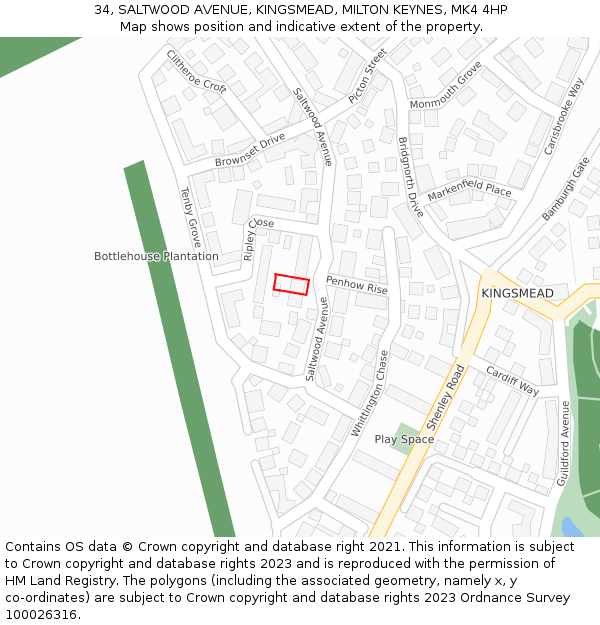 34, SALTWOOD AVENUE, KINGSMEAD, MILTON KEYNES, MK4 4HP: Location map and indicative extent of plot