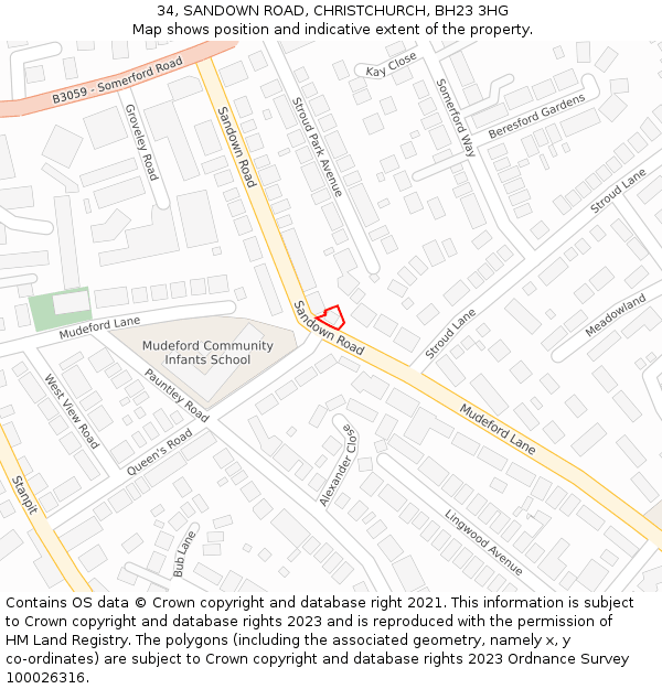 34, SANDOWN ROAD, CHRISTCHURCH, BH23 3HG: Location map and indicative extent of plot