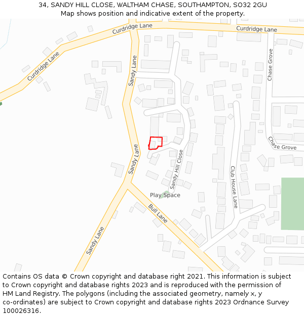 34, SANDY HILL CLOSE, WALTHAM CHASE, SOUTHAMPTON, SO32 2GU: Location map and indicative extent of plot