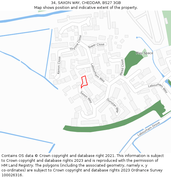 34, SAXON WAY, CHEDDAR, BS27 3GB: Location map and indicative extent of plot
