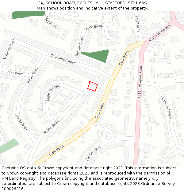 34, SCHOOL ROAD, ECCLESHALL, STAFFORD, ST21 6AS: Location map and indicative extent of plot