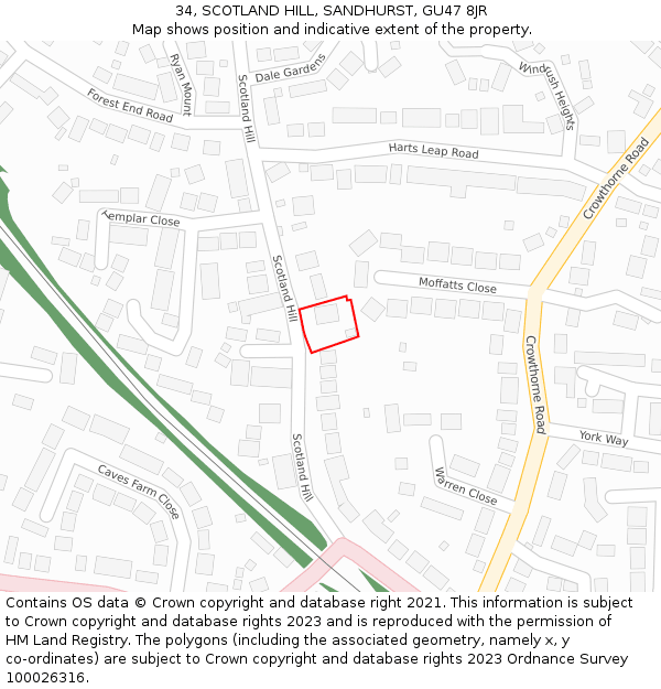 34, SCOTLAND HILL, SANDHURST, GU47 8JR: Location map and indicative extent of plot