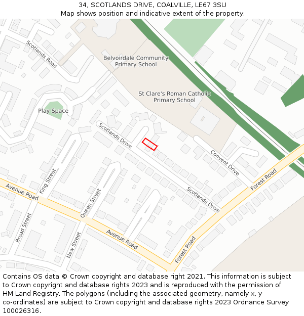 34, SCOTLANDS DRIVE, COALVILLE, LE67 3SU: Location map and indicative extent of plot