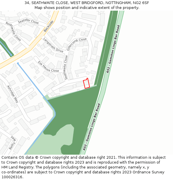 34, SEATHWAITE CLOSE, WEST BRIDGFORD, NOTTINGHAM, NG2 6SF: Location map and indicative extent of plot