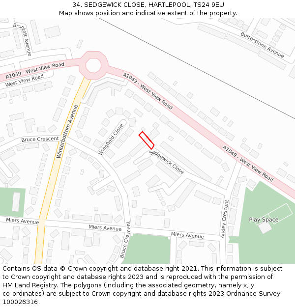 34, SEDGEWICK CLOSE, HARTLEPOOL, TS24 9EU: Location map and indicative extent of plot