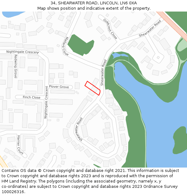 34, SHEARWATER ROAD, LINCOLN, LN6 0XA: Location map and indicative extent of plot