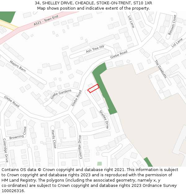 34, SHELLEY DRIVE, CHEADLE, STOKE-ON-TRENT, ST10 1XR: Location map and indicative extent of plot