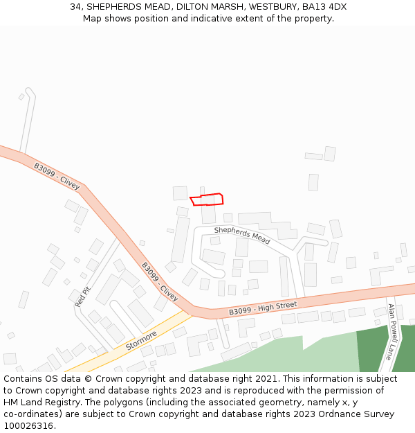34, SHEPHERDS MEAD, DILTON MARSH, WESTBURY, BA13 4DX: Location map and indicative extent of plot