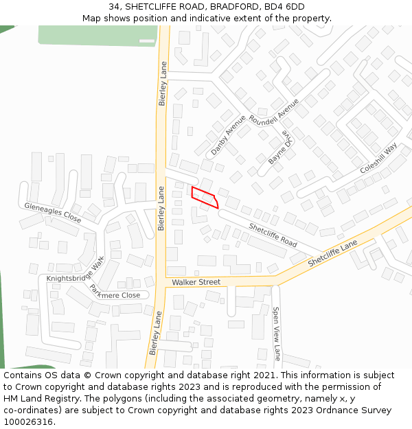 34, SHETCLIFFE ROAD, BRADFORD, BD4 6DD: Location map and indicative extent of plot