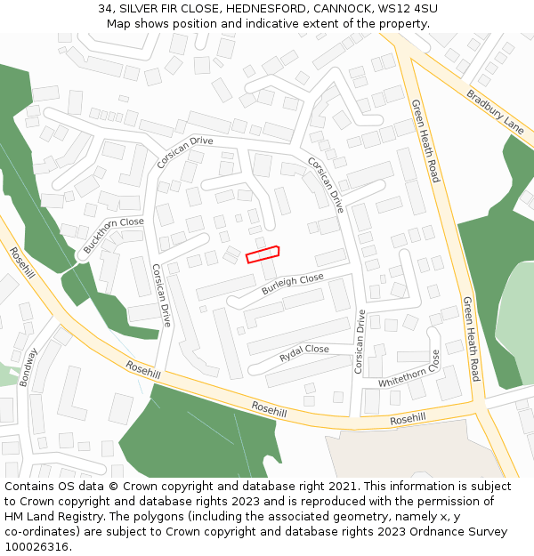 34, SILVER FIR CLOSE, HEDNESFORD, CANNOCK, WS12 4SU: Location map and indicative extent of plot