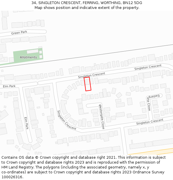 34, SINGLETON CRESCENT, FERRING, WORTHING, BN12 5DG: Location map and indicative extent of plot