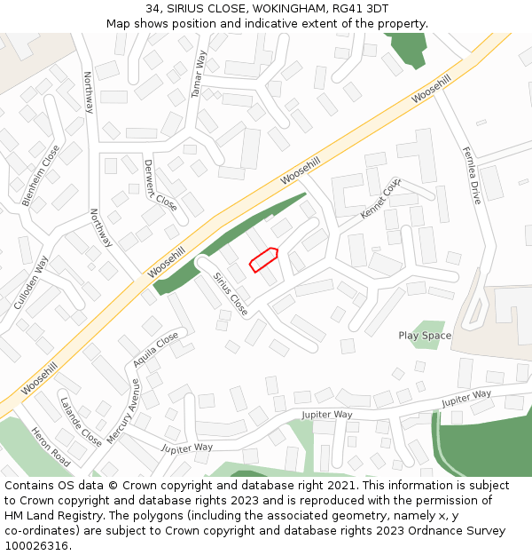 34, SIRIUS CLOSE, WOKINGHAM, RG41 3DT: Location map and indicative extent of plot