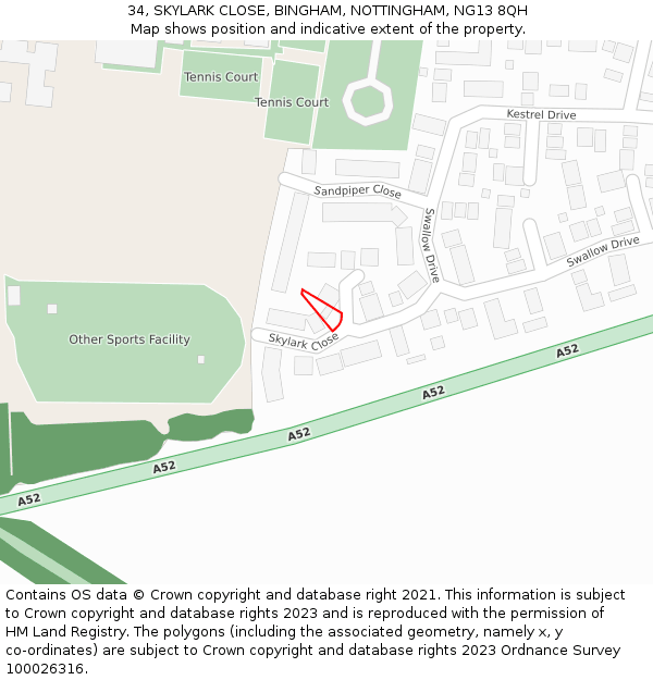 34, SKYLARK CLOSE, BINGHAM, NOTTINGHAM, NG13 8QH: Location map and indicative extent of plot