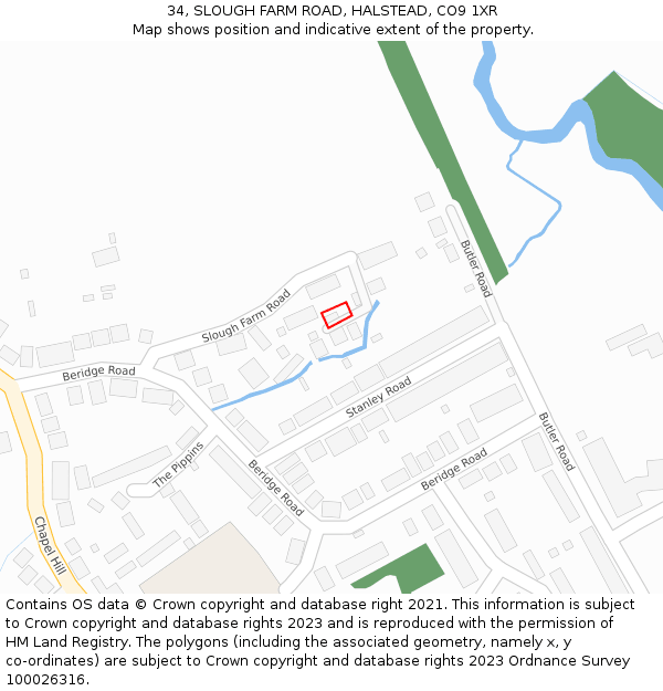 34, SLOUGH FARM ROAD, HALSTEAD, CO9 1XR: Location map and indicative extent of plot