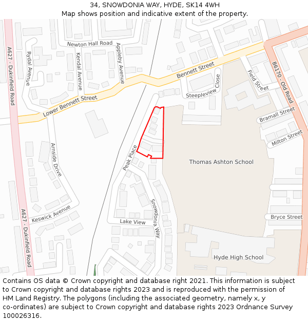 34, SNOWDONIA WAY, HYDE, SK14 4WH: Location map and indicative extent of plot