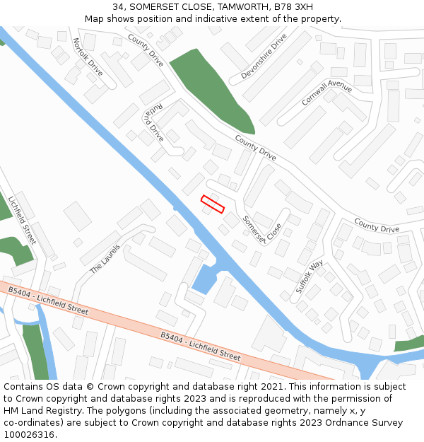 34, SOMERSET CLOSE, TAMWORTH, B78 3XH: Location map and indicative extent of plot