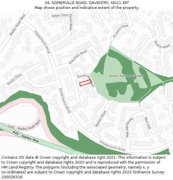 34, SOMERVILLE ROAD, DAVENTRY, NN11 4RT: Location map and indicative extent of plot