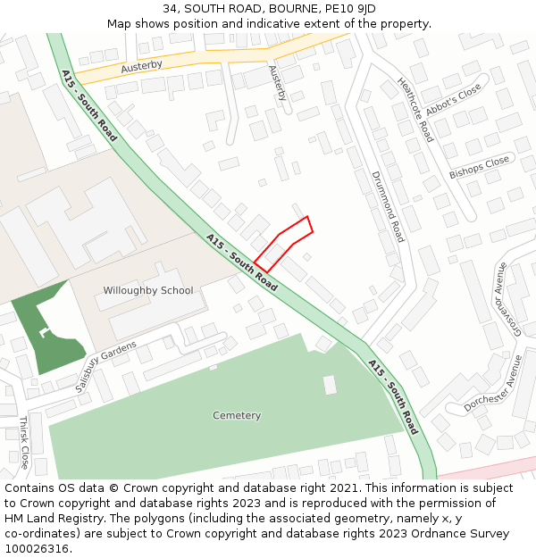 34, SOUTH ROAD, BOURNE, PE10 9JD: Location map and indicative extent of plot