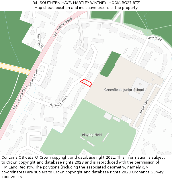 34, SOUTHERN HAYE, HARTLEY WINTNEY, HOOK, RG27 8TZ: Location map and indicative extent of plot