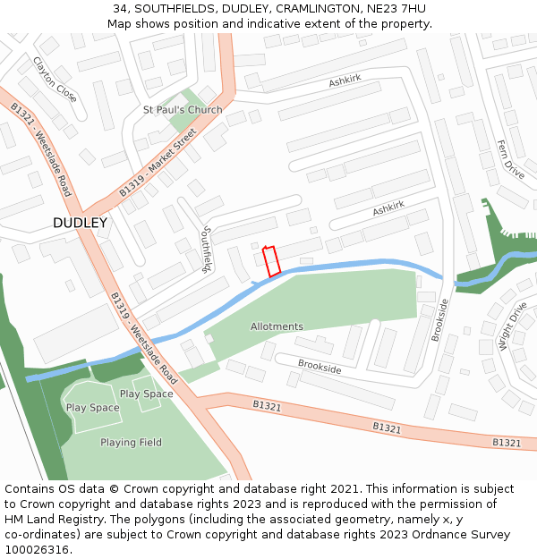 34, SOUTHFIELDS, DUDLEY, CRAMLINGTON, NE23 7HU: Location map and indicative extent of plot