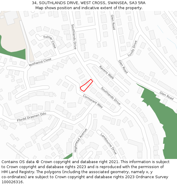 34, SOUTHLANDS DRIVE, WEST CROSS, SWANSEA, SA3 5RA: Location map and indicative extent of plot