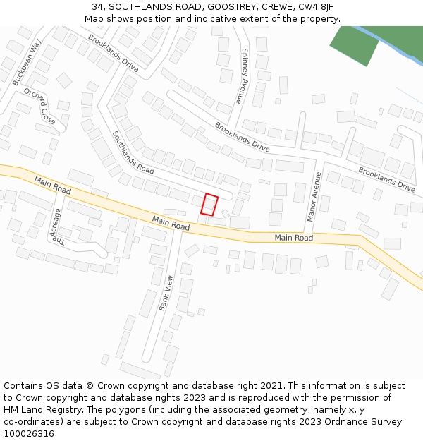 34, SOUTHLANDS ROAD, GOOSTREY, CREWE, CW4 8JF: Location map and indicative extent of plot