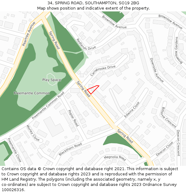 34, SPRING ROAD, SOUTHAMPTON, SO19 2BG: Location map and indicative extent of plot