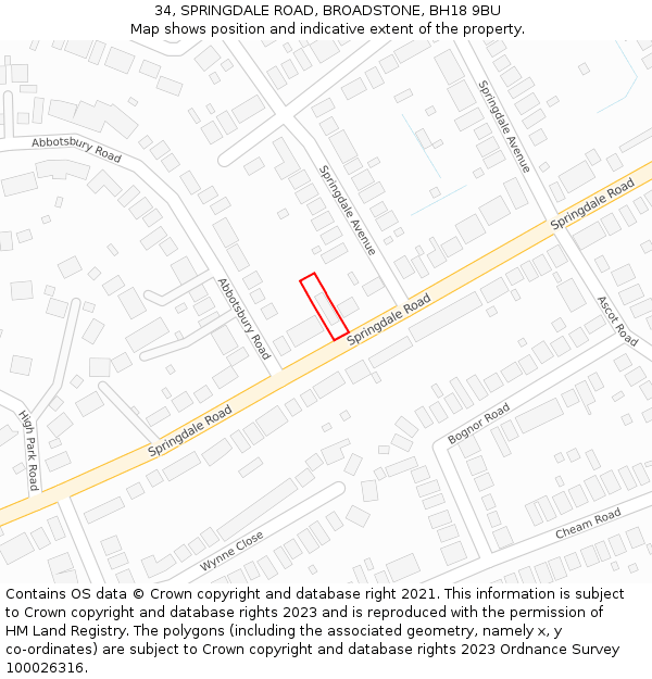 34, SPRINGDALE ROAD, BROADSTONE, BH18 9BU: Location map and indicative extent of plot