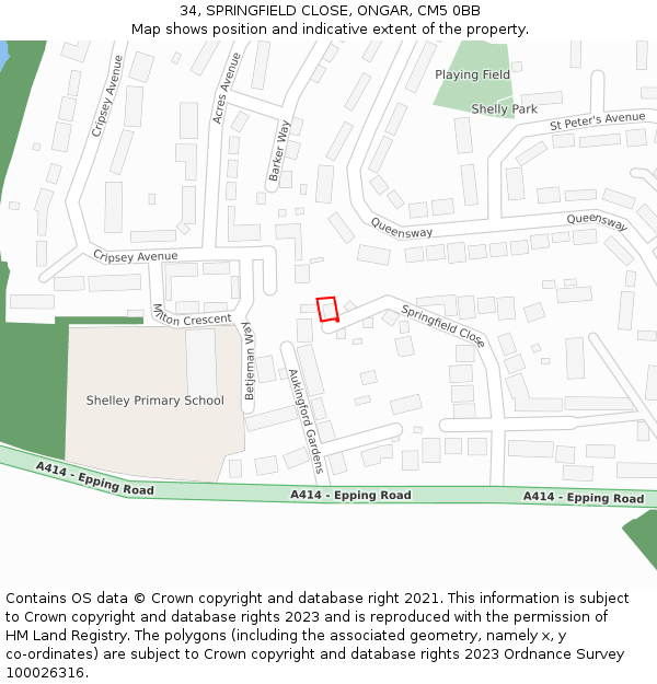 34, SPRINGFIELD CLOSE, ONGAR, CM5 0BB: Location map and indicative extent of plot