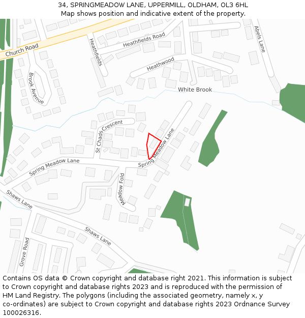 34, SPRINGMEADOW LANE, UPPERMILL, OLDHAM, OL3 6HL: Location map and indicative extent of plot